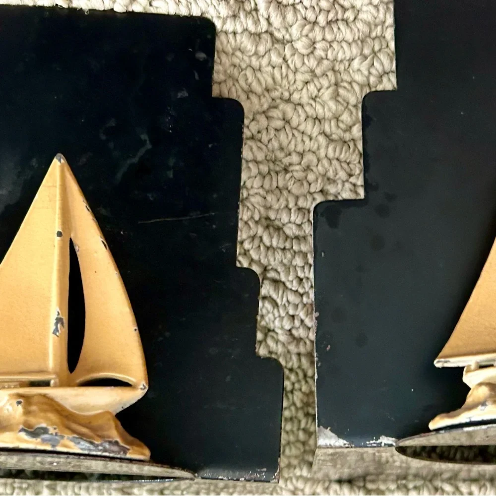 Vintage MCM Metal Sailboat Boat Pair Bookends - Black Dull Gold Nautical Retro
